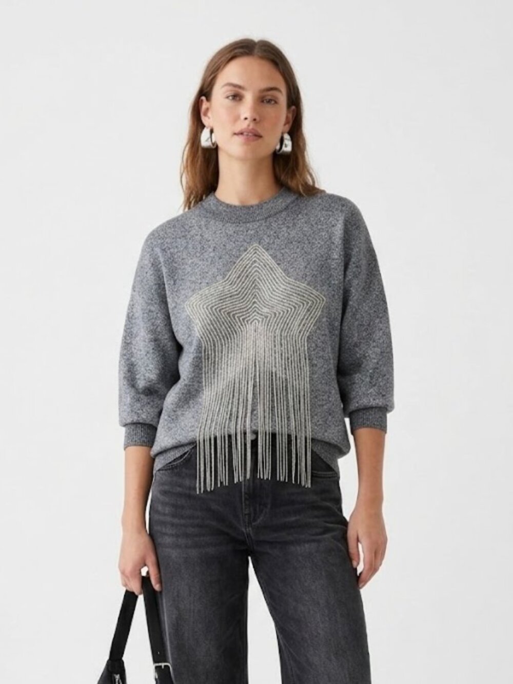 Ms Bling Shooting Star Sweater Metal Chain Fringe Gray Celestial Knit S